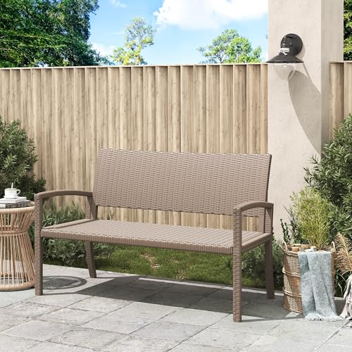 Amopatio Polyrattan Gartenbank, Wetterfest Sitzbank UV-beständig, Gartenmöbel bis 240kg belastbar für 2 Personen Garten Terrasse Bank, 122x60x87cm, Beige