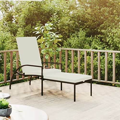 Owoxanthellate Sonnenliege Schwarz 195x60x55-102 cm mit Fußhocker, verstellbare Rückenlehne, wetterfestes PE-Rattan, cremeweiße Polster, für Garten, Balkon, Terrasse