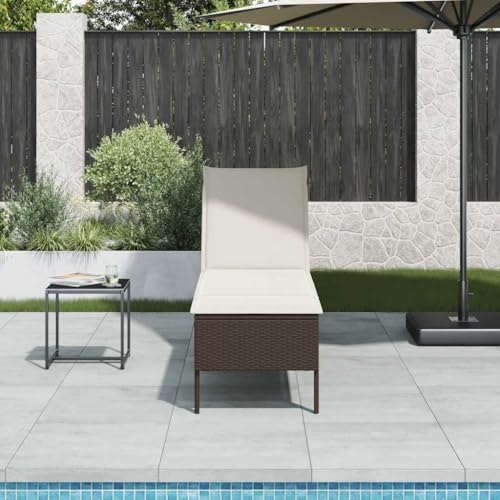 Owoxanthellate Sonnenliege Braun Rattan 55x200 cm wetterfest cremeweißes Polster 4-Fach verstellbare Rückenlehne faltbar Balkon Terrasse Sauna