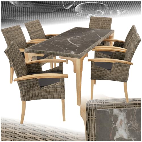 tectake® Möbel Set, 6X Stühle, 1x Tisch, modern, Armlehne, Esstisch Marmor Optik, Esszimmer Lounge Gartenmöbel für Balkon, Terrasse, Wintergarten, Küche   Natur