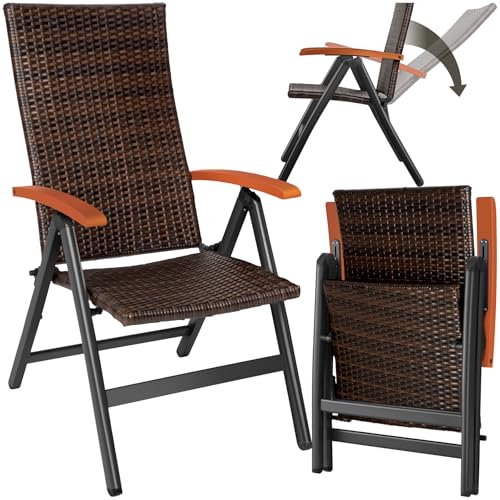 tectake® Alu Polyrattan Gartenstuhl, klappbarer Sessel 6 Fach Verstellbarer Rückenlehne,, Aluminiumgestell, Campingstuhl Holzarmlehnen, Stuhl für Garten, Balkon, Terrasse   braun