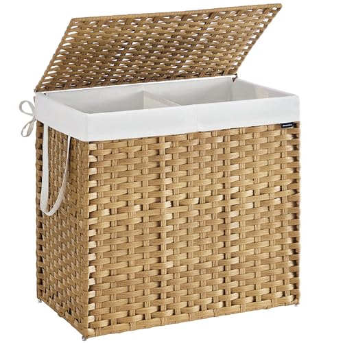 SONGMICS Wäschekorb 2 Fächern, Wäschesammler 160 L, Wäschebox aus synthetischem Rattan, Deckel und Griffen, geflochten, faltbar, herausnehmbarer Wäschesack, naturfarben LCB216Y01