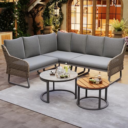 Großes Outdoor-Sofa-Set für 6-7 Personen mit 2 Tischen - Wetterfeste Rattan-Garnitur in Grau, verstellbare Beine & inkl. Kissen - Langlebige Gartenmöbel mit verzinktem Eisenrahmen