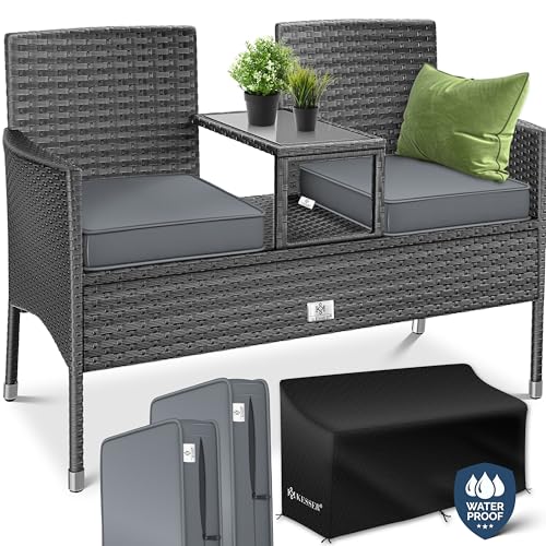 KESSER® Polyrattan Gartenbank 2 Sitzer mit integriertem Tisch, 143×63×88 cm   Rattan Sitzbank Garten Balkon Gartensofa wetterfest Sitzgruppe Ultra Stabile, inklusive Kissen und Cover, Anthrazit