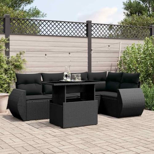 IKAYAA Rattan Gartenmöbel Set Gartenlounge Outdoor Balkon Lounge Gartensofa wetterfest Polyrattan Lounge Terassenmöbel außen mit Kissen-Schwarz-6-tlg