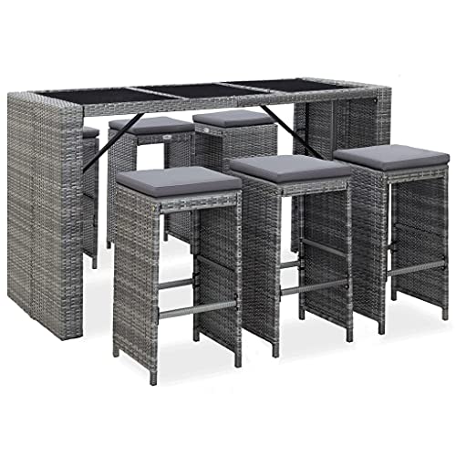 vidaXL Gartenbar Set 7-TLG. mit Auflagen Theke Bar Tresen Gartentheke Bartisch Stehtisch Barhocker Barstuhl Gartenmöbel Poly Rattan Grau