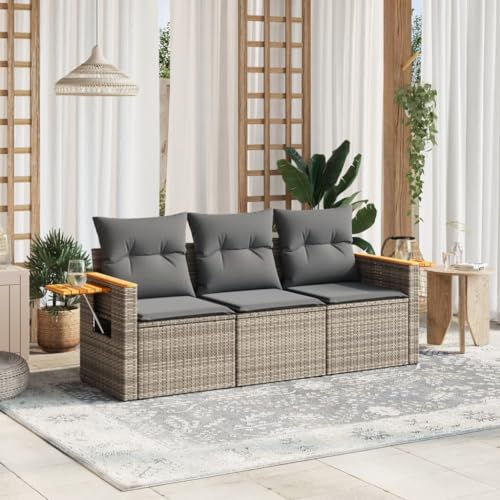 QJBSAVVA 3-TLG Garten-Sofagarnitur Grau Rattan Ecksofa 55x62x69 cm mit Stauraum Beistelltisch Akazie Armlehne klappbar für Garten
