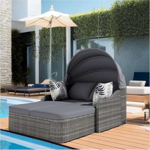 Gartenlounge, Verstellbarem Baldachin, Doppel 4 Kissen Abnehmbarem, Kissenbezug für & Pool, PE, Grau