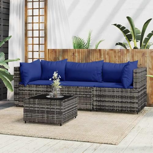 Gecheer 4-TLG. Garten-Lounge-Set mit Kissen Grau Poly Rattan, Garten Sitzgruppe Esstisch Essgruppe Gartenmöbel Set für Balkon Terrasse Café-Bereich319847