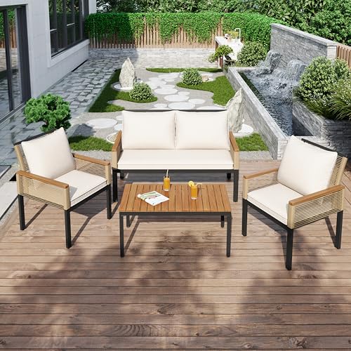 Oslghy Rattan GartenmöBel Set Sitzgruppe, Balkon MöBel Lounge 4 Set, BalkonmöBel für 4 Personen, Outdoor Furniture TerrassenmöBel mit Doppelsofa, Sessel und Tisch, Abnehmbar für Die Reinigung (Beige)