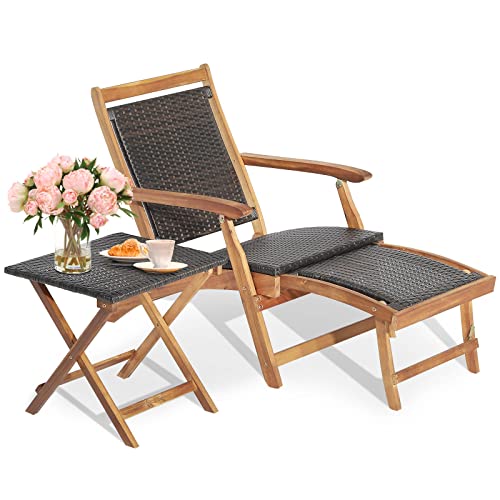 COSTWAY Rattan Sonnenliege mit ausziehbarer Fußstütze & Beistelltisch, Klappbare Gartenliege, Holzliege Bett bis 160 kg belastbar für Pool, Strand