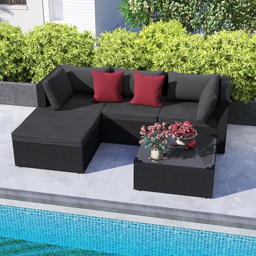 LILIIN Garten Poly Gartenmöbel, Polyrattan Gartenlounge Sofagarnitur Ecksofa Sitzkissen, 5 teiliges, Gartensofa, Hocker, Couchtisch, Module Größe: 210x146x63cm
