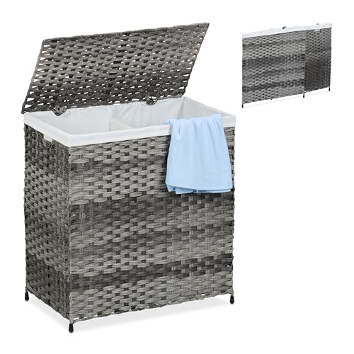 Relaxdays Wäschekorb mit Deckel, Rattan-Optik, Wäschesack 110 L, HBT: 60x58x34 cm, Wäschesortierer 2 Fächer, grau/beige