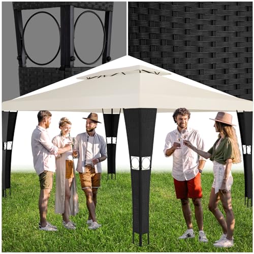 tectake 800791 Poly Rattan Pavillon 3x4m, Doppeldach-System für Gute Luftzirkulation, wasserabweisend, Gartenpavillon, Festzelt für Garten & Terrasse (Schwarz Creme | Nr. 403261)