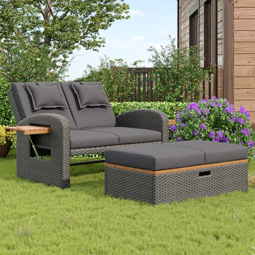 YuQozii Garten-Lounge-Sessel-Set für 2 Personen, graues Rattan, verstellbare Rückenlehne, Stützfuß, mit Fußhocker oder als Outdoor-Bett nutzbar, mit Rückenkissen und Sitzkissen