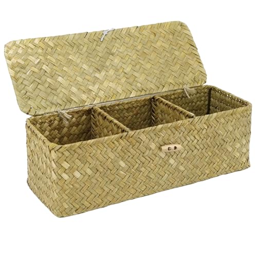 32.5x12x11cm Natürliches Aufbewahrungskorb, Seegras Korb Aufbewahrung, Geflochtene Rechteckig Korb, Rattan Korb mit Deckel 3 Fächern, Körbchen Aufbewahrung für Schlafzimmer Badezimmer (Originalfarbe)