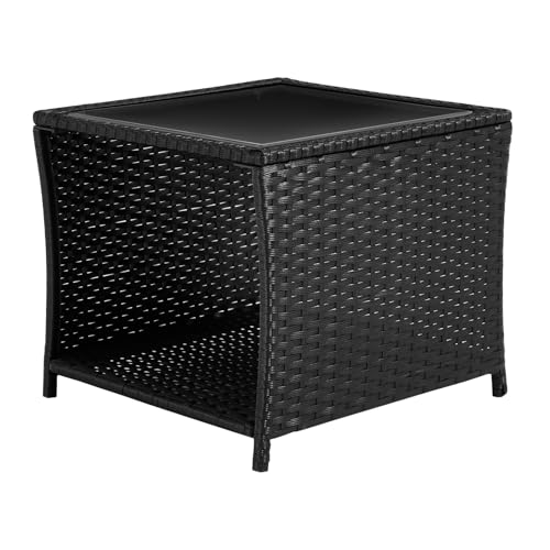 WOLTU Polyrattan, 45x40x45 cm, Glasplatte offenem Fach, Balkontisch, Terrassentisch, Outdoor, Schwarz