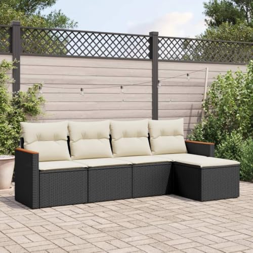 QJBSAVVA 5-TLG. Gartenlounge Schwarz Poly Rattan 280 × 124 cm Ecksofa mit Akazienholz Armlehne Stauraum für Balkon Terrasse oder Campingplatz