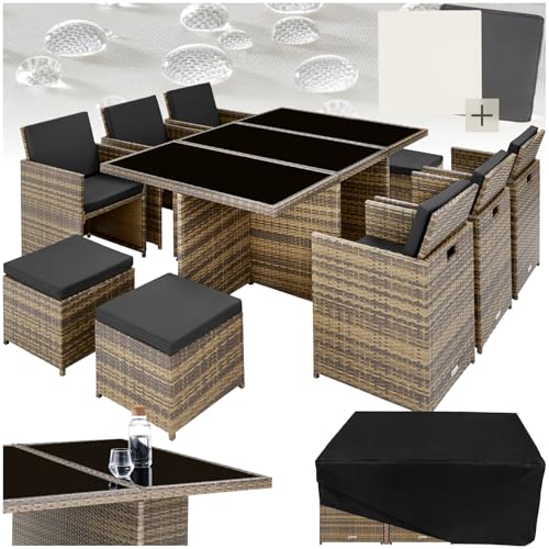 tectake Polyrattan Gartenmöbel Set, Sitzgruppe 6 Stühle +1 Glasplatte Tisch + 4, Gartenlounge Set klappbar, für bis zu 10 Personen, Balkon Möbel, inkl. 2 Bezugsset   Natur