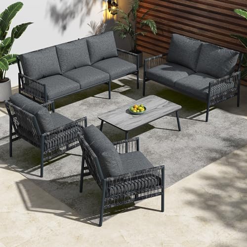 Gegtuon Gartenmöbel Sitzgruppe für 7 Personen, Rattan Lounge Sofa und Couchtisch, Möbel Outdoor Tisch und Sessel, Loungemöbel Gartenmöbel Sets Sitzkissen Abnehmbar und Waschbar (Grau)