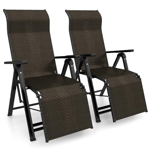 COSTWAY Sonnenliege Rattan 2er Set, klappbarer Liegestuhl mit Verstellbarer Rückenlehne, Gartenstuhl mit Liegefunktion, Gartenliege mit Armlehne, Hochlehner Klappliege für Garten, Terrasse, Balkon