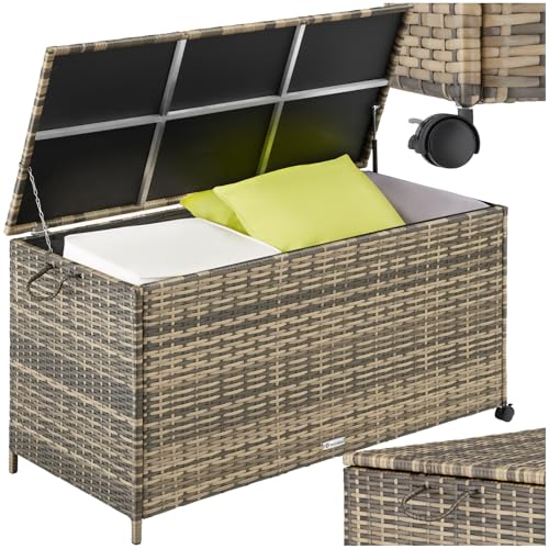 tectake® Poly Rattan Gartenbox wetterfest, outdoor Box mit Deckel, Auflagenbox, rollbar, Aufbewahrungsbox für Garten, Terrasse und Balkon, 117 x 54 x 64 cm, 297l - natur