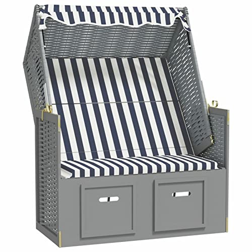 Bounv Strandkorb Nordsee mit Dach 2 Sitzer 3 Fach Verstellbare Rückenlehne Strandkörbe Strandstuhl mit Ausziehbare Fußhocker Poly Rattan und Massivholz Blau und Weiß