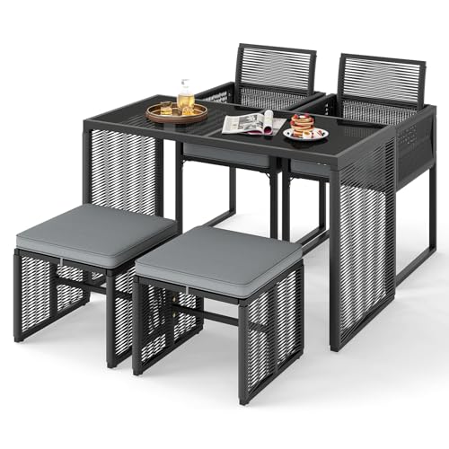 GIANTEX Gartenmöbel, Balkonmöbel Kleiner Balkon, Balkonmöbel 2 Stühle Hocker, Terrassenmöbel Outdoor, Balkonset 4, Balkon Möbel klein Platzsparend, inkl. Kissen