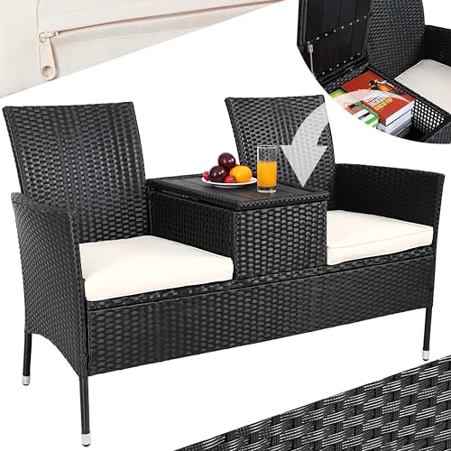 Casaria® Gartenbank Wetterfest UV-beständig Polyrattan Tisch Aufbewahrungsbox Auflagen 320kg Belastbarkeit Garten Balkon Möbel Bank 2-Sitzer Schwarz