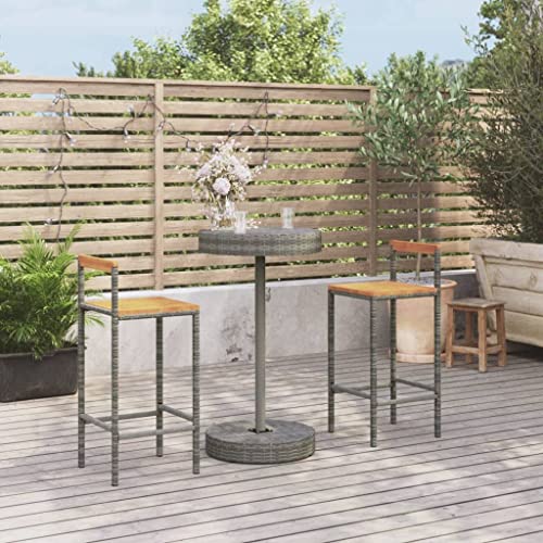 JHQHSM 3-TLG. Gartenbar-Set Grau Poly Rattan & Massivholz Akazie, Wetterfeste Outdoor Bar Garnitur mit Pulverbeschichtetem Stahlrahmen für Terrasse, Garten und Balkon, Komfortable