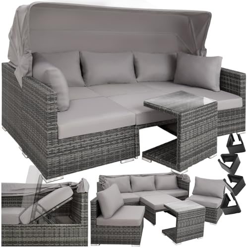 tectake Rattan Sonneninsel Sitzgruppe, Lounge Möbel Set inkl. Sofa mit Sonnendach, Hocker, Sesseln und Tisch, Outdoor Gartenmöbel, Loungemöbel Balkon und Garten, Terrassenmöbel, wetterfest - grau