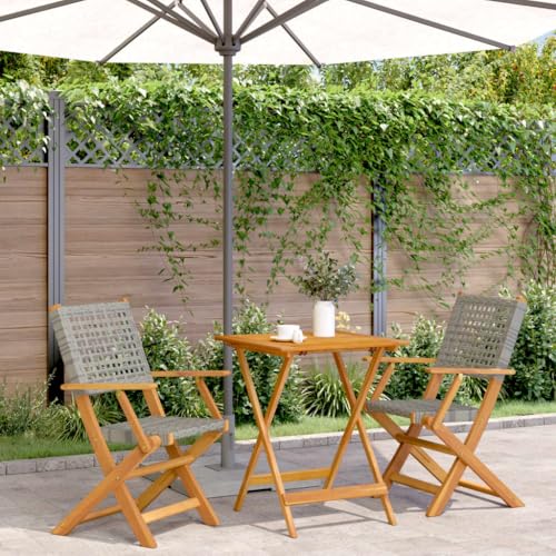 JHQHSM 3-TLG. Bistro-Set Grau Poly Rattan und Massivholz für Garten Balkon Terrasse, Klappstühle mit Armlehnen und Esstisch aus Akazienholz, Wetterfestes PE Rattan Gartenmöbel Set,