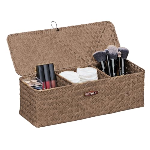 Rattankorb Aufbewahrungskorb aus Seegras, Geflochtener Korb mit Deckel, Aufbewahrungskorb aus Geflochtenem Rattan, Seegrakorb 3 Fächern, Make up Organizer für Badezimmer, Wohnzimmer