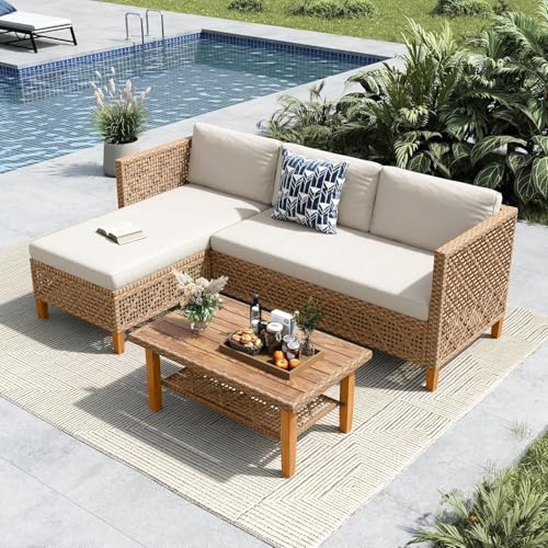 MFSTUDIO 5-teiliges Rattan Gartenmöbel Set mit Outdoor-Couchtisch, Wicker Lounge Corner Sofa Set, Doppel-Couchtisch für zusätzlichen Stauraum, mehrere Querbalken