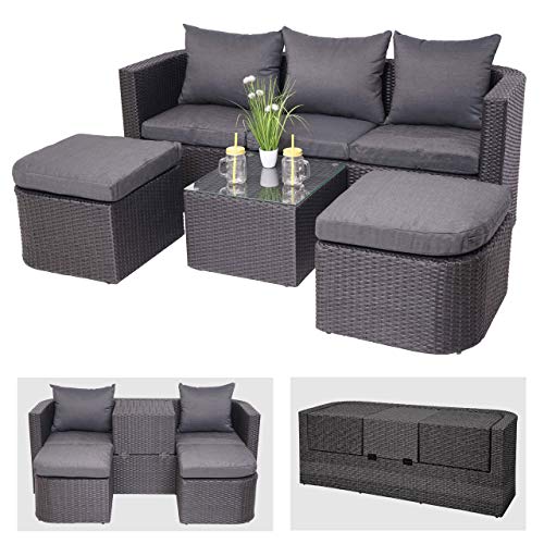 Mendler 3in1-Garnitur HWC-J37, Garten-/Lounge-Set Sonneninsel, Spun Poly Poly-Rattan MVG - anthrazit, Kissen dunkelgrau