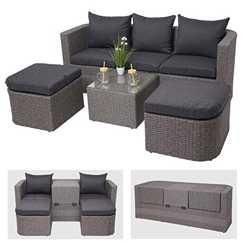 Mendler 3in1-Garnitur HWC-J37, Garten-/Lounge-Set Sonneninsel, Spun Poly Poly-Rattan MVG - grau, Kissen anthrazit