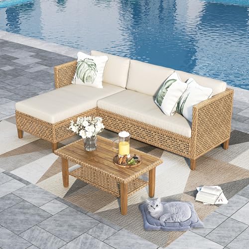 PHI VILLA Gartenmöbel Set Balkonmöbel 3 Teilig, Rattan Lounge Möbel Outdoor mit 1 Chaiselongue, 1 Zweisitzer-Sofa und 1 Kleiner Couchtisch, 4 Personen Terassenmöbel Außen Gartensofa