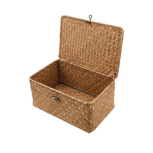 Esoes XXL Aufbewahrungskorb rattan korb mit deckel Aufbewahrungsbox mit Deckel dekobox Seegras Wäschekörbe Make-up-Organizer für Badezimmer Wohnzimmer Küche