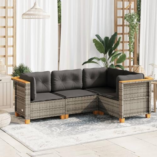 QJBSAVVA 4-TLG. Garten-Sofagarnitur Grau PE-Rattan Ecksofa 63,5 cm modulares Balkonset mit dicken Kissen Modernes Design robuste Holzfüße für Balkon Terrasse und kleine Gärten