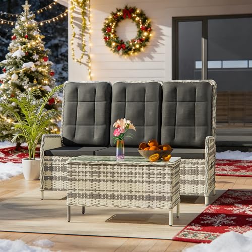 Gotland 3-Sitzer Rattan Gartenmöbel Set mit 118° Rückenlehne, Verstellbar, Outdoor Lounge aus Wasserfestem Polyrattan für Terrasse & Garten Möbel draußen(Schwarz)