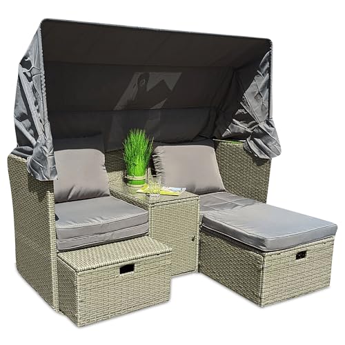 Muntel Sun Korbe,Rattan Sonneninsel Sitzgruppe,Lounge Möbel Set inkl. Sofa mit Sonnendach,OutdoorGartenmöbel,Terr assenmöbel, Hocker,Sesseln und Tisch,Loungemöbel,Strand,Garten,we tterfest grau