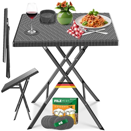 KESSER® Balkontisch klappbar | Wetterfest/UV-beständig Balkonmöbel | Beschichteter Stahl & Rattan-Optik | Outdoor Gartentisch | Gartenmöbel mit 6 Filz-Untersetzer | Bistrotisch bis zu 100 kg belastbar