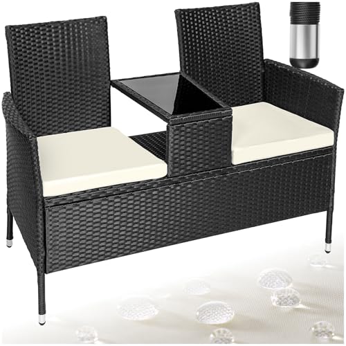 tectake 404557 Poly Rattan Gartenbank mit Tisch, 2-Sitzer Bank, 131 x 61 x 82 cm, Sitzbank für Garten Balkon und Terrasse, Gartensitzbank inkl. Sitzkissen, schwarz-beige