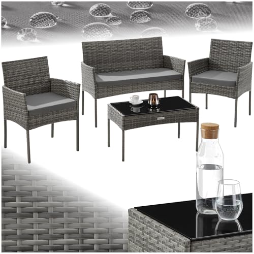 tectake® Rattan Gartenmöbel Set, Outdoor Lounge Möbel,1x Gartenbank, 2X Stuhl, 1x Balkontisch, mit Outdoor Kissen wetterfest, Balkonmöbel Kleiner Balkon, Lounge Gartenmöbel, Terrassenmöbel   grau