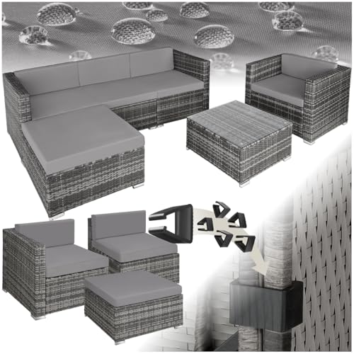 tectake Polyrattan Lounge Set Milano, Luxus Outdoor Gartenmöbel inkl. Sitz- und Rückenkissen, Balkon Möbel/Rattan Gartenmöbel Set mit Sofa, Sessel und Tisch - grau