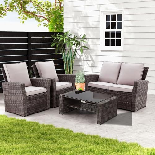  Gartenmöbel Set, LC Rattanmöbel Balkonmöbel wetterfestes PE für Gespräche oder Verandas, aus Gartensofa, Sessel,, graue Rattanstühle mit Couchtisch aus Glas und Kissen