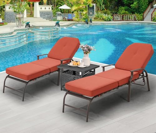 UNIONLINE Gartenliege Sonnenliege für den Außenbereich,207 x 58 x 43 cm, trägt bis zu 160 kg, Rattanliege Loungesessel Liegestuhlmöbel mit Kissen und Armlehne für Pool, Deck, Hinterhof (Rot, 3PCS)
