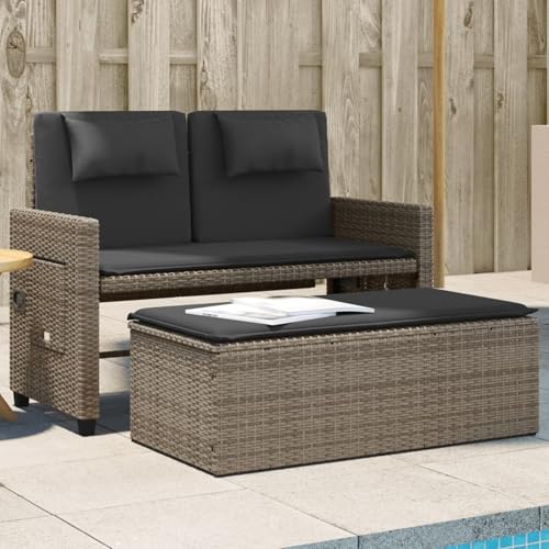 IKAYAA Gartensofa mit Schlaffunktion, Gartensofa 2 Sitzer mit Beistelltisch und Hocker, Balkon Lounge Klein, Gartensofa, Balkon Couch mit Hocker, Rattan Sofa, Rattan Lounge, Grau