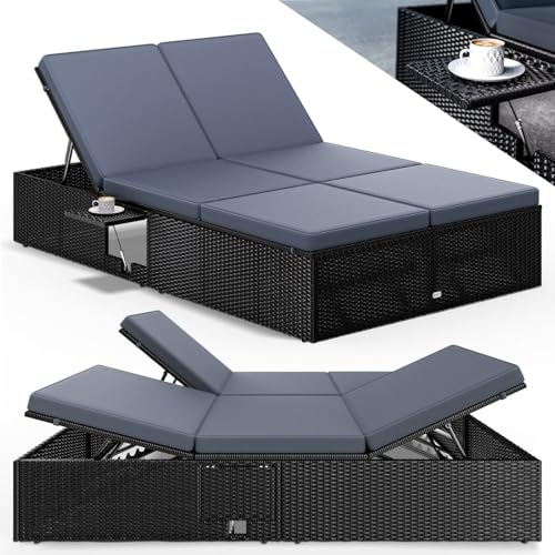 Casaria® Sonnenliege 2 Personen mit Klapptisch Gartenliege 7cm Auflagen Wetterfest 400kg Belastbar Liegestuhl Verstellbar Schwarz Anthrazit 200x115cm