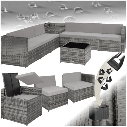 tectake Polyrattan Gartenlounge, frei zu gruppierende Möbel, Gartenmöbel Set mit einem Beistelltisch Outdoor, inkl. Auflagenbox Sitz  Rückenkissen   grau